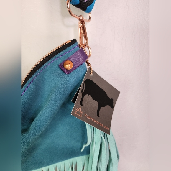 Fort Omotse Teal Leather Fringe Guitar Strap Crossbody - Picture 4 of 11